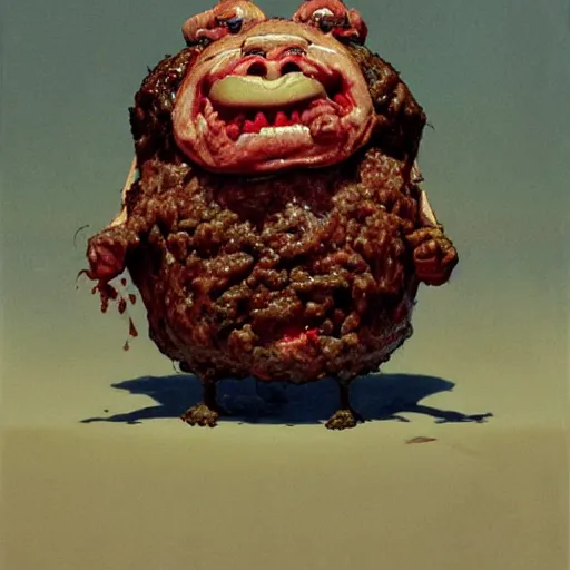 Image similar to big eyes wide open, horrific sentient meatloaf, holding meatloaf, sloppy, gross, meatloaf, hyper realistic, terrifying, disturbing, strange, bizarre, masterpiece, meatloaf is everywhere, ground beef bloody, liquid, 4 k, vivid colors, elegant, highly detailed, john park, frazetta, john howe, ruan jia, jeffrey catherine jones