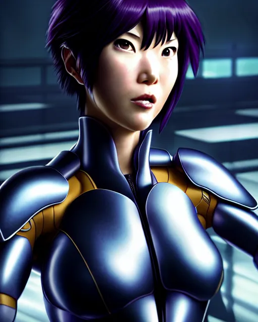 Image similar to weta disney pixar movie still portrait photo of motoko kusanagi the major ghost in the shell : : as cyborg woman by pixar : : by weta, wlop, ilya kuvshinov, rossdraws, artgerm, marvel, maxim cover, latex, octane render, sweaty, iridescent, bright morning, anime, liosh, mucha : :