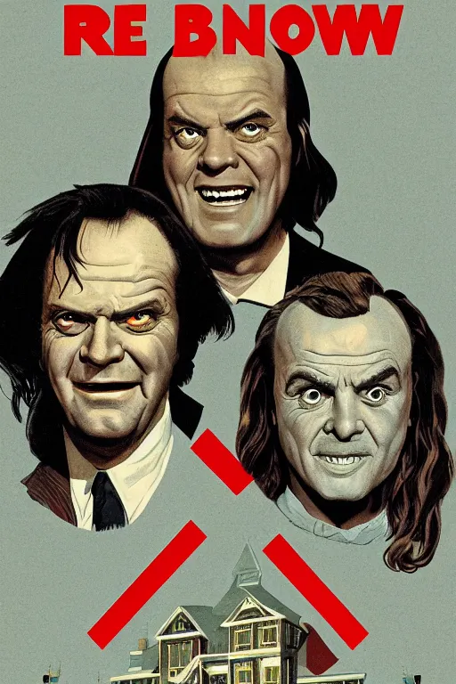 Image similar to a movie poster for the film the shining designed by reynold brown featuring a prominent portrait of jack nicholson and a stylised fireaxe in the style of wes anderson.