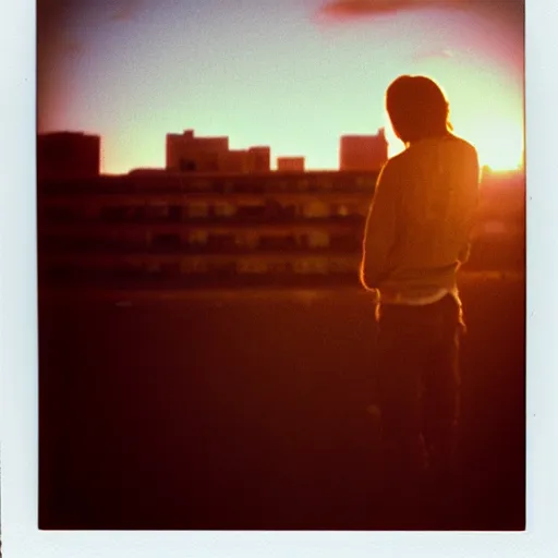 Image similar to instant photograph of a young person looking to the horizon, polaroid, raw, beautiful, nostalgic, light leak, sunset, clouds, city