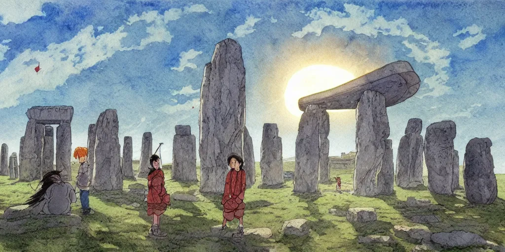 Image similar to a hyperrealist studio ghibli watercolor fantasy concept art of a giant chinese god and a small grey alien in stonehenge in the early morning. a giant gold ufo is floating in the air. by rebecca guay, michael kaluta, charles vess