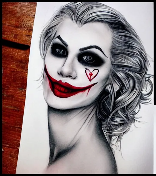 Image similar to tattoo design sketch of a beautiful blonde girl portrait with joker makeup, in the style of den yakovlev, realistic face, black and white, realism tattoo, hyper realistic, highly detailed