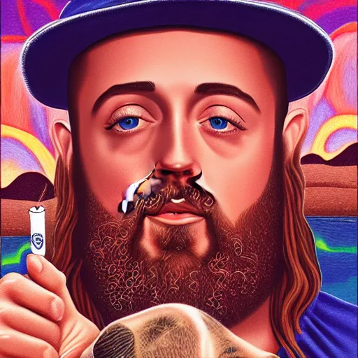 Image similar to an ultra detailed picture portrait of Mac Miller and Jesus smoking a joint in heaven, 8k, photorealistic,