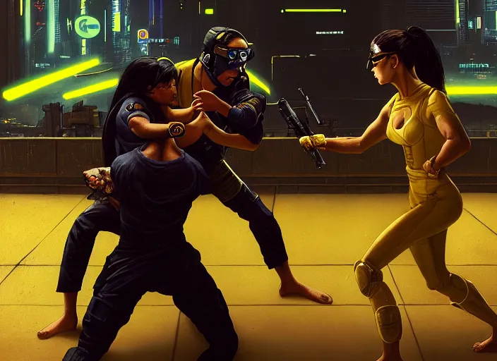 Image similar to jujitsu Nikki defeats sgt Nash. Cyberpunk hacker wearing yellow fighting menacing police troopers (blade runner 2049, cyberpunk 2077). Orientalist portrait by john william waterhouse and James Gurney and Theodore Ralli and Nasreddine Dinet, oil on canvas. Cinematic, hyper realism, realistic proportions, dramatic lighting, high detail 4k