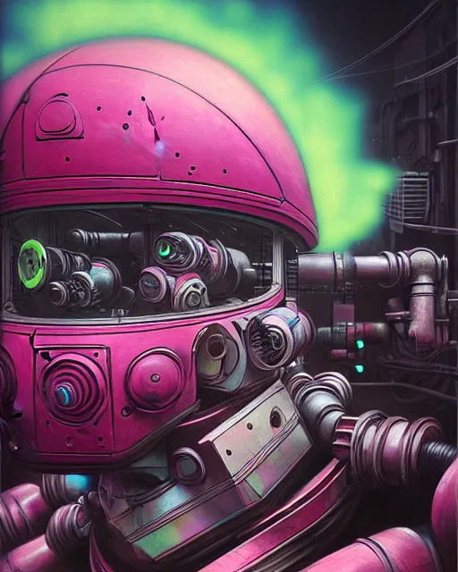 Prompt: hyperrealistic hyperdetailed graffiti mecha iridescent pink fighting in war concept art santiago caruso de chirico sharp very dramatic green light 8k low angle shallow depth of field
