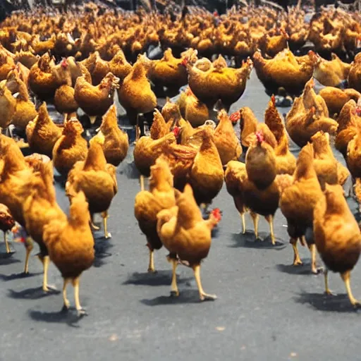 Image similar to an army of chickens with helmets marching with their guns
