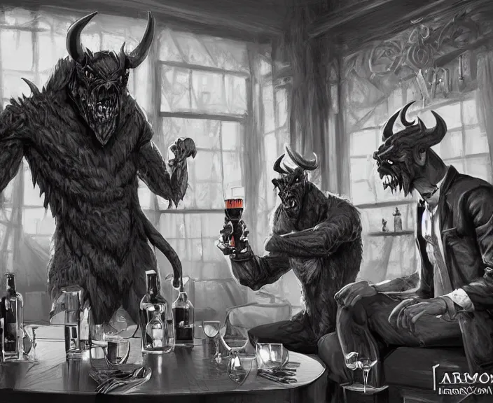 Image similar to a devil monster and a handsome gentleman toasting with whiskey in a pub, black and white and red colors, establishing shot, highly detailed, digital painting, artstation, concept art, smooth, sharp focus, illustration, Unreal Engine 5, 8K, art by artgerm, realistic painting