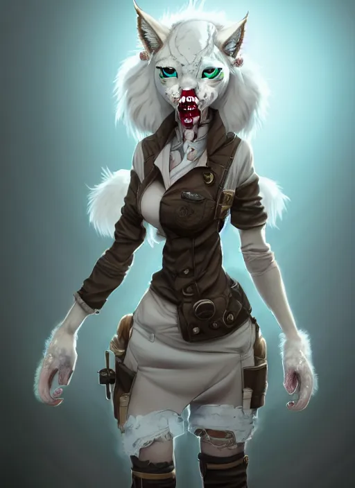 Image similar to wide angle beautiful full body portrait of a strong female damaged zombie anthropomorphic anthro white lynx fursona wearing a steampunk dress toothsome open mouth. character design by disney, anime, manga, charlie bowater, ross tran, artgerm, and makoto shinkai, detailed, soft lighting, rendered in octane