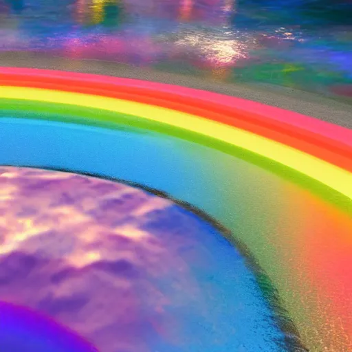 Image similar to god spills multicolored rainbow iridiscent water rivers from a sky, fantasic rain, render, octane render, 3 d, unreal engine, raytracing, 8 k