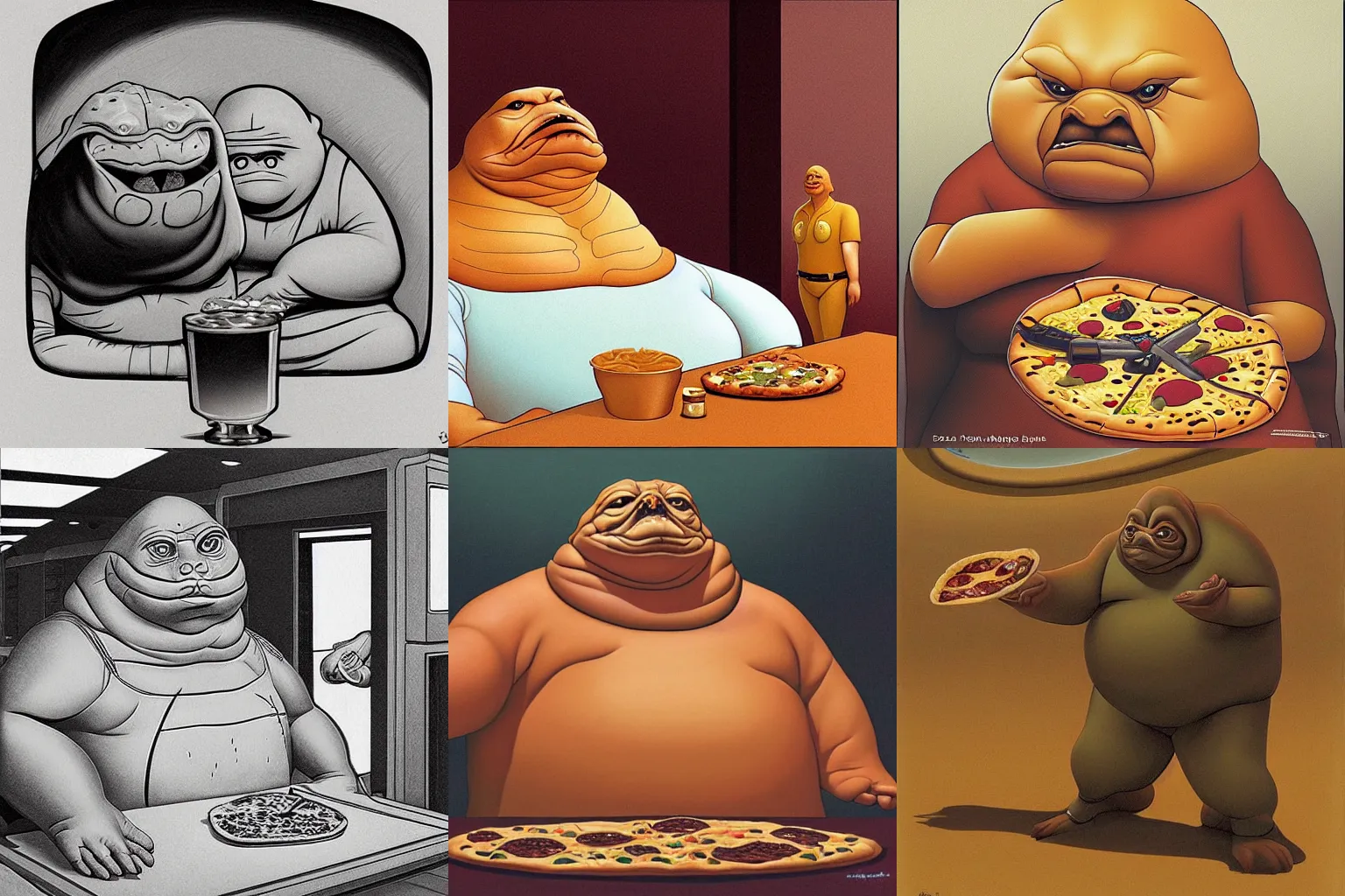 Prompt: Jabba the Hutt working at Pizza Hut by Ralph McQuarrie