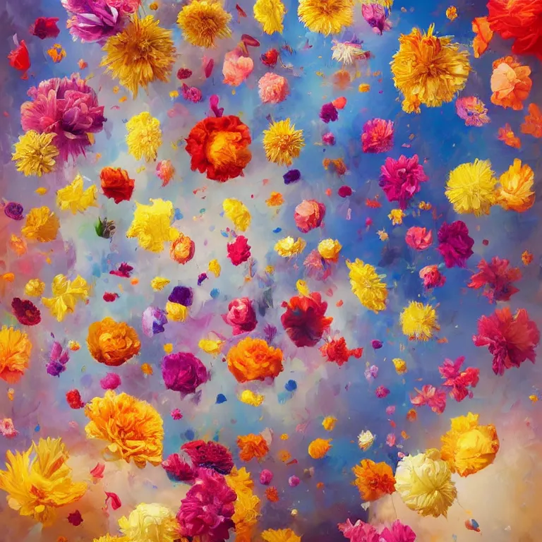 Image similar to a painting of a bunch of flowers floating in the air, a surrealist painting by rhads, james jean, alberto seveso, behance contest winner, psychedelic art, made of flowers, wallpaper, art