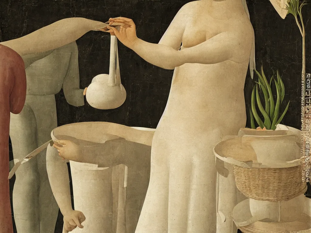 Prompt: Close up of delicate hands giving milk to aloe vera at the chest, water jug, nipple, white dress. Painting by Piero della Francesca, Morandi, Giotto,