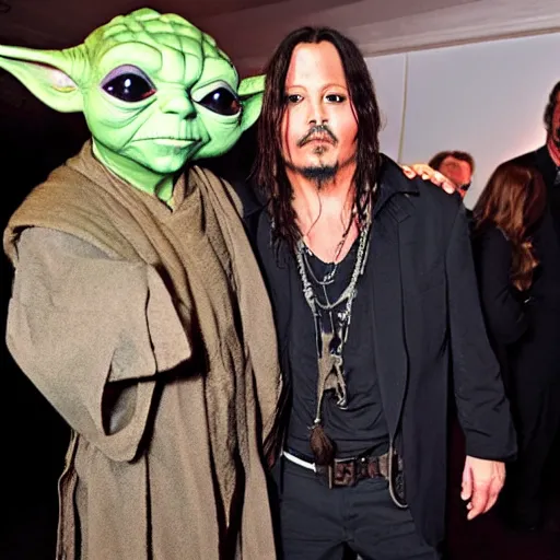 Image similar to Yoda hanging out with Johnny Depp