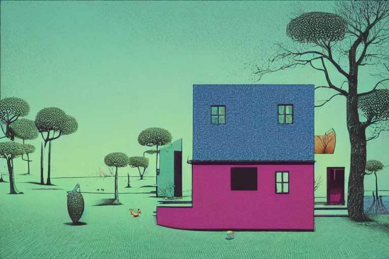 Image similar to surreal glimpse into other universe, house by mies van de rohe, summer morning, very coherent and colorful high contrast, art by!!!! gediminas pranckevicius!!!!, geof darrow, floralpunk screen printing woodblock, dark shadows, hard lighting, stipple brush technique,