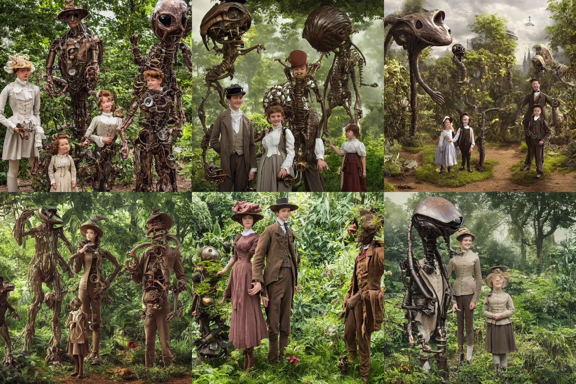 Prompt: detailed, sharp, a girl and a boy standing next to some alien plants, looking happy, wearing 1850s era clothes, their small pet alien creature is standing nearby, in a park on an alien planet, steampunk, extremely highly detailed, hyperrealistic, still from a period sci fi movie, 8k, HD, good lighting