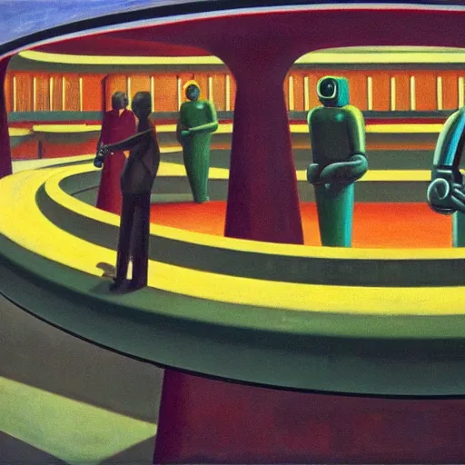 Image similar to powerless humans on a conveyor belt, guarded by fascist robot overlords, brutalist industrial processing facility, dystopian, pj crook, edward hopper, oil on canvas