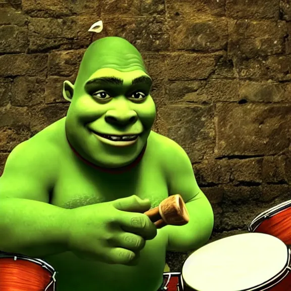 Image similar to shrek playing on drums in style of gorillaz by jamie hewlwtt