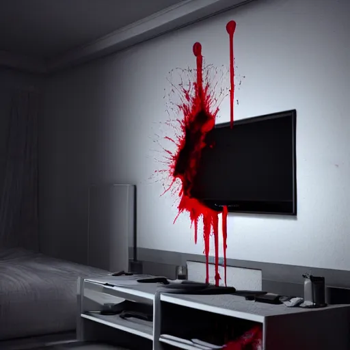 Image similar to blood pouring out of the TV, in the dark room, hyperrealistic, hyperdetalied, horror, photorealistic, 8K, artstation,