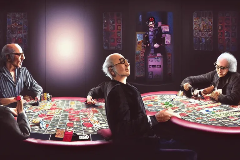 Prompt: larry david playing poker, soft bloom lighting, paper texture, bright sun bleached ground, vending machine, robot lurks in the background, koji morimoto, katsuya terada, genius party, dynamic scene