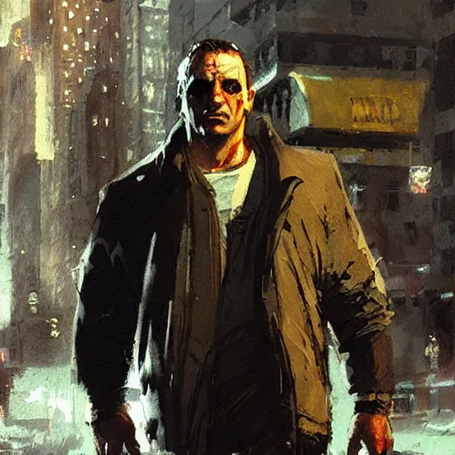 Prompt: bane in gta iv concept art by craig mullins