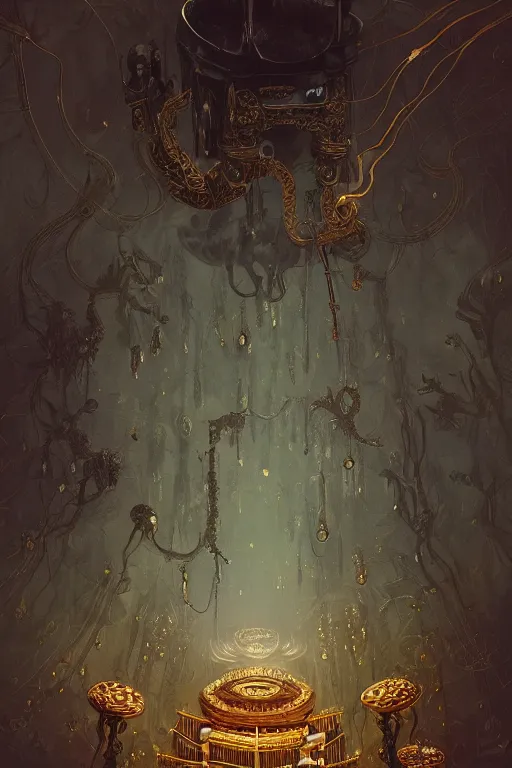 Image similar to illustration of close low angle view of an ornate obsidian gothic pipe organ with gold spidery embellishments, night, smoke, ground fog, by peter mohrbacher, by frank frazetta, by alex andreev, by vincent di fate, large depth of field, super detailed, digital art, trending on artstation, ornate