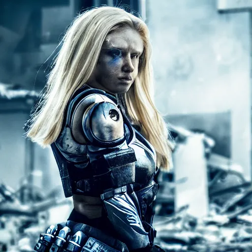 Prompt: beautiful blond cyborg girl in full battle gear in a destroyed city, moody lighting, 8 k, shallow depth of field, cinematic lighting,