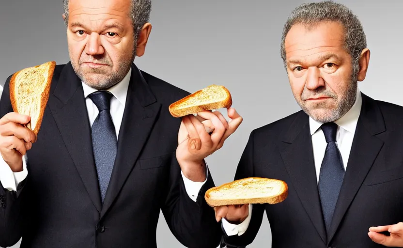 Prompt: alan sugar dream sequence. the apprentice, eating toast