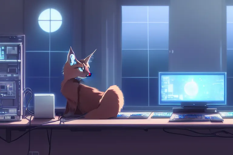 Image similar to a nerdy caracal is programming at a computer in a room full of gadgets, by makoto shinkai and ghibli studio, dramatic lighting, highly detailed, incredible quality, trending on artstation