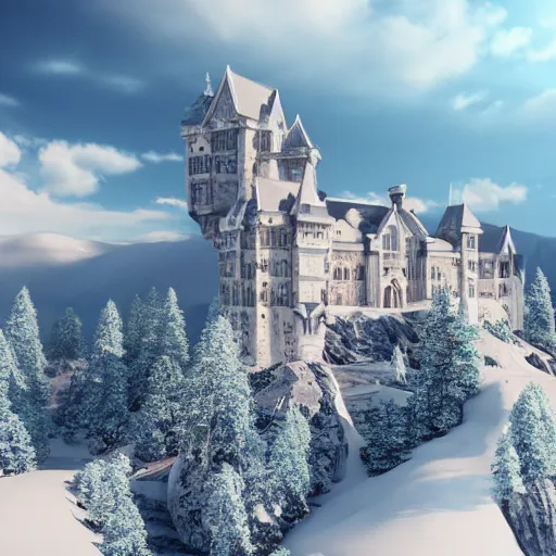 Prompt: A beautiful castle made of ice with mountains in the distance, 4k, soft lighting, cinematic, detailed, 3d render