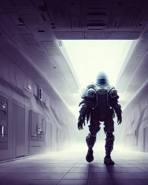 Prompt: ultra realist and ultra intricate detailed soft painting of a sci-fi armored male, no face, walking down futuristic hallway, sensual gloomy style, volumetric clouds, unreal render, depth of field