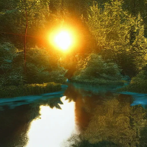 Image similar to river in a forest, golden hour, ray tracing reflection, 8k, hyper realistic, insainly detailed, hdr, octane render