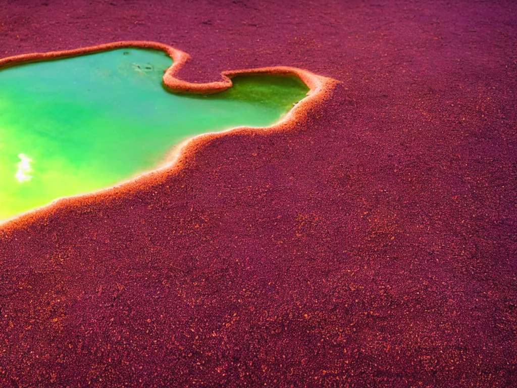 Image similar to purple table, red sand beach, green ocean, nebula sunset