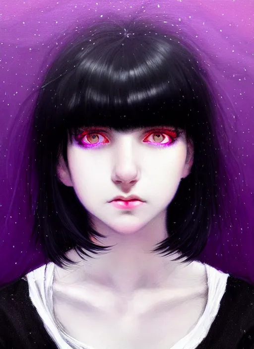 Image similar to hair blackbangs hair, white hair, blackbangswhitehair, portrait of teenage girl with black bangs, red irises, purple clothes, black bangs, bangs are white hair is black, intricate, elegant, glowing lights, highly detailed, digital painting, artstation, concept art, sharp focus, illustration, art by wlop, mars ravelo and greg rutkowski