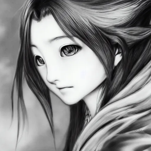 Image similar to a portrait of a character in a scenic environment by Yoshitaka Amano, black and white, dreamy, dark eyes, wavy silver hair, highly detailed