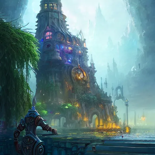 Image similar to a giant fish tank shaped like a tower in the middle of a city, godray on plants, fantasy digital art, fantasy style art, fantasy hearthstone art style, fantasy game art by greg rutkowski, darksouls concept art