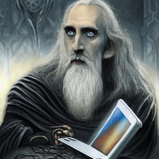 Image similar to Saruman writing code on a apple macbook, fantasy art, detailed, Lord of the rings, trending