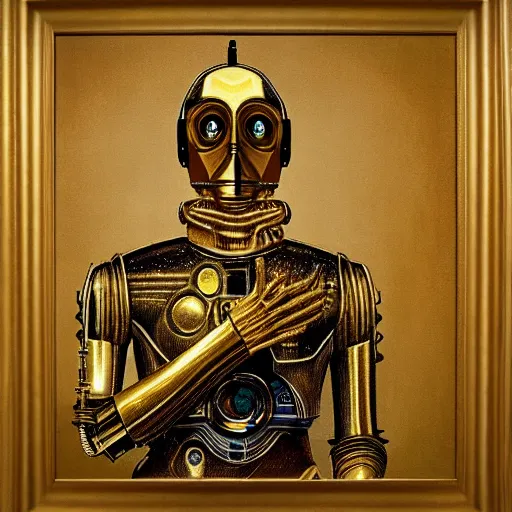 Prompt: a portrait painting of c 3 po from star wars in a renaissance style hanging in the louvre