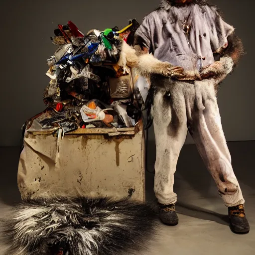 Prompt: a photograph of trashman and fur garbage portrait , weird, argentic, dust and scratches, by Jon Rafman