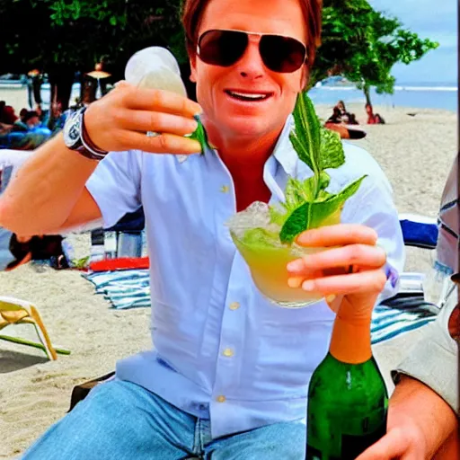 Image similar to marty mcfly drinking a mojito on the beach