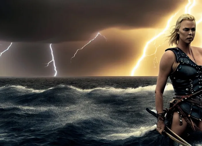 Image similar to dramatic photo of charlize theron as a viking women with weapons riding on a jet ski, wearing skin - tight futuristic valkerie bikini, rough seas in background, lightning storms, water world, mad max, hyper - realistic, highly detailed, accurate, 8 k octane render, 2 8 mm, wide angle, rule of thirds