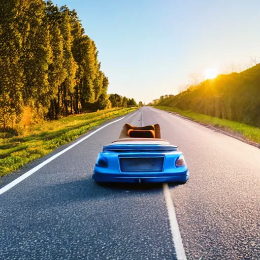 Image similar to convertible with cat driving on road, clear sky, golden hour, unobstructed road