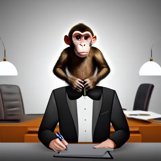 Prompt: a monkey in a suit sitting at a desk