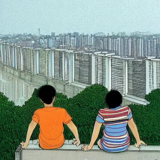 Image similar to art of two singapore students on the roof of a hdb flat, watching the neighbourhood, by moebius