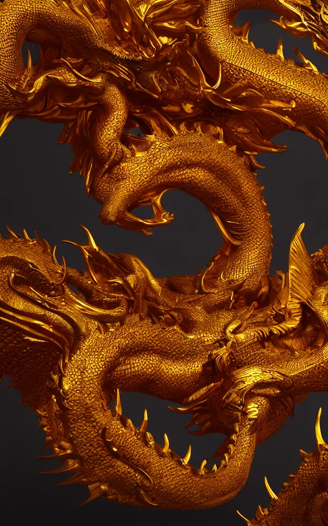 Prompt: depicting a golden dragon. hyper - real, ultra realistic, dark atmosphere, cinematic, 8 k, octane render
