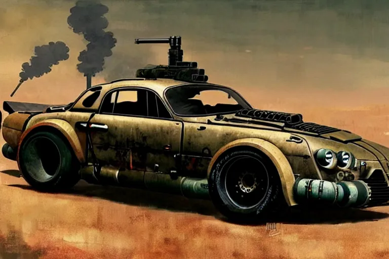 Prompt: dieselpunk mad max alpine a 1 1 0 with guns installed, painted by greg rutkowski makoto shinkai takashi takeuchi studio ghibli, akihiko yoshida