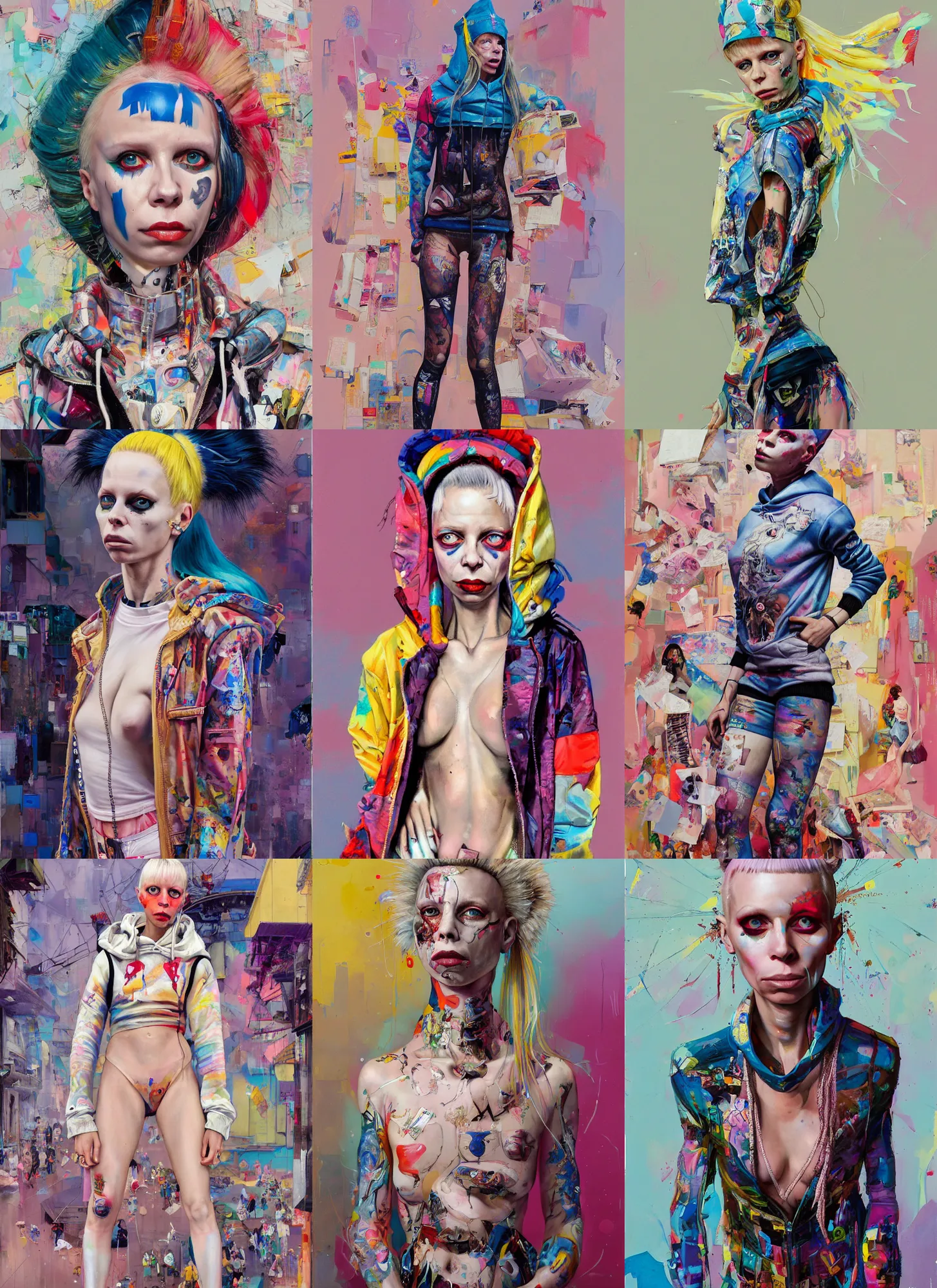 Prompt: yolandi visser in the style of martine johanna and donato giancola, wearing a hoodie, standing in a township street, street fashion outfit,!! haute couture!!, full figure painting by john berkey, david choe, ismail inceoglu, pastel color palette, detailed impasto, 2 4 mm lens, beautiful face