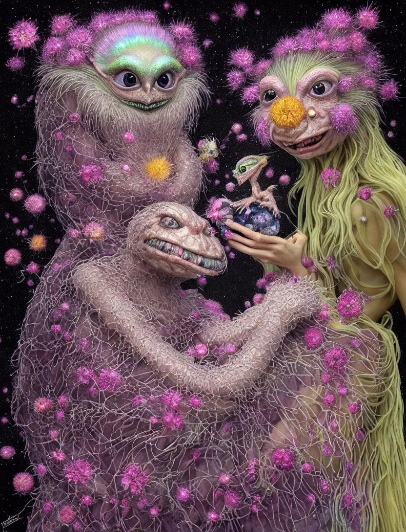 Image similar to hyper detailed 3d render like a Oil painting - kawaii portrait Aurora (a skeksis from dark crystal that looks like Anya Taylor-Joy) seen Eating of the Strangling network of yellowcake aerochrome and milky Fruit and His delicate Hands hold of gossamer polyp blossoms bring iridescent fungal flowers whose spores black the foolish stars by Jacek Yerka, Ilya Kuvshinov, Mariusz Lewandowski, Houdini algorithmic generative render, Abstract brush strokes, Masterpiece, Edward Hopper and James Gilleard, Zdzislaw Beksinski, Mark Ryden, Wolfgang Lettl, hints of Yayoi Kasuma, octane render, 8k