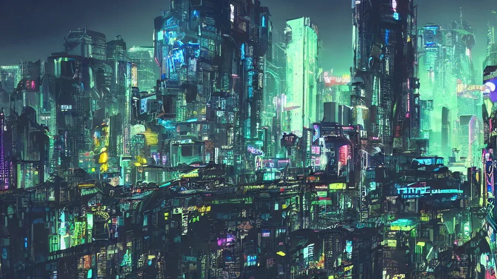 Image similar to a cyberpunk cat on a hill looking to a cyberpunk city wallpaper