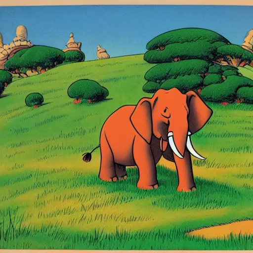 Image similar to an elephant on a green meadow drawn by Carl Barks