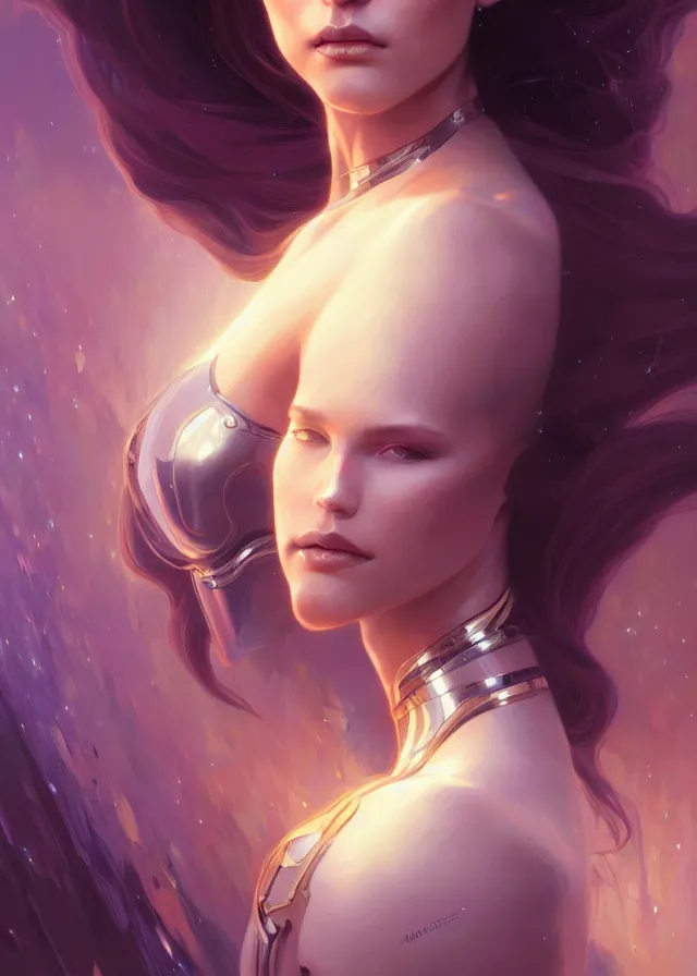 Image similar to futuristic woman portrait, sci-fi, amber eyes, face, long hair, fantasy, intricate, elegant, highly detailed, digital painting, artstation, concept art, smooth, sharp focus, illustration, art by artgerm and greg rutkowski and alphonse mucha